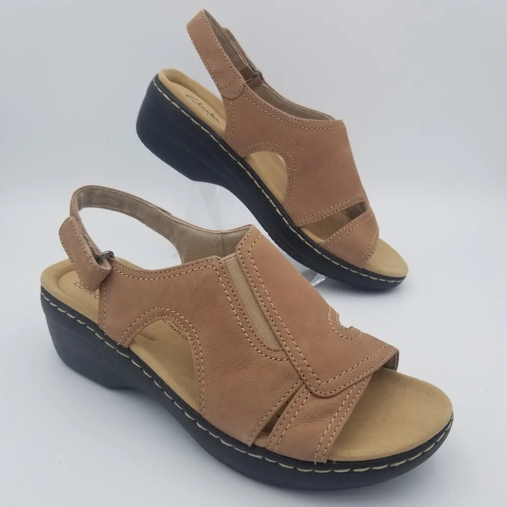 Clarks Brown Nubuck Slingback Wedge Sandal - Picture 1 of 14